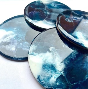 Handmade Natural Wood & Epoxy Resin Inlay Ocean Wave <b>Coasters</b> Set of 4 with 9cm Diameter and <b>Cork</b> Base From Rehman Craft - Product Image 1