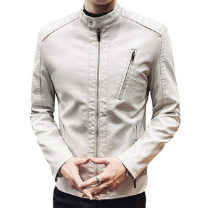 Men's Premium White Genuine Leather <b>Biker</b> <b>Jacket</b> Stand Collar Slim Fit Motorcycle <b>Jacket</b> with Zipper Pockets Casual Fashion - Product Image 6
