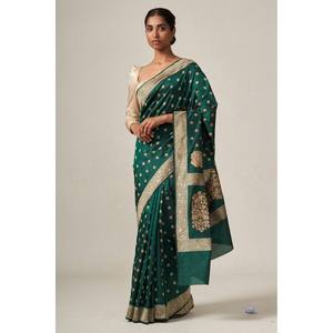 ANCY BANARASI <b>SILK</b> WEAVING WORK SAREE WITH UNSTITCHED <b>BLOUSE</b> <b>GREEN</b> - Product Image 1