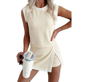 Wholesale 2 Piece Sets for Women Summer Outfits Ribbed Knit Tank Top and <b>Split</b> Lined <b>Skirt</b> Two Pieces Lounge Matching Set - Product Image 6