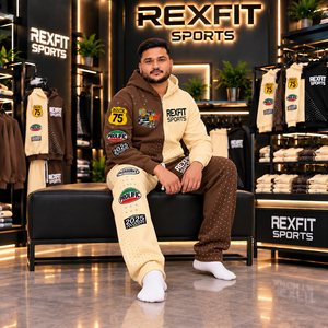 Ensemble de survêtement pour homme Rexfit sports2026Custom, couleur crème et marron, avec sweat à capuche zippé |   Pantalons de jogging assortis |   Produits sportifs de gros de qualité supérieure - Product Image 4