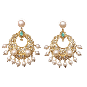 Chandbali Pearl Diamond Drop Earrings-Vintage Gold Plated Wedding Party Jewelry - Product Image 3