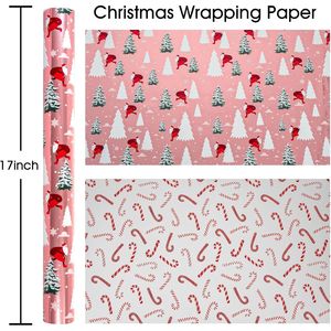 Christmas Reversible Wrapping Paper Roll Pink Metallic Foil with Santa Tree on Snowfield <b>Candy</b> Cane Design Holiday Supplies - Product Image 3