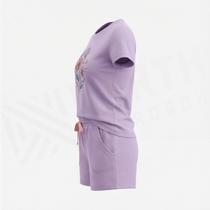 Ensemble 2 pièces pour femmes, t-shirt à manches courtes et short imprimé floral, col rond, au-dessus du genou, vêtements décontractés, printemps été, couleur lavande - Product Image 3