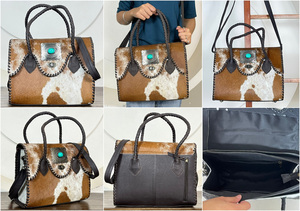 Luxurious Hair On Cowhide Genuine Leather Turquoise Concho Designer <b>Tote</b> <b>bag</b> Women Shoulder & Crossbody Handbag For Daily Use - Product Image 3