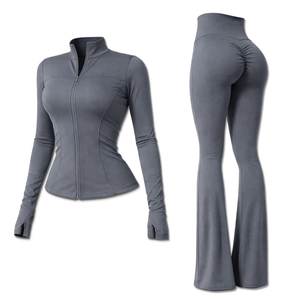 Conjunto de yoga de cintura alta con logo personalizado, chaqueta de gimnasio, sujetador deportivo, pantalones que absorben el sudor, levanta glúteos, manga larga para mujer, 2 piezas - Conjuntos de gimnasio y fitness - Product Image 5