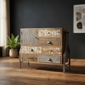 Mueble de Almacenamiento Moderno Industrial de Madera con 6 Cajones y Patas Metálicas, Mesa Auxiliar para Sala de Estar - Product Image 3