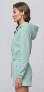Conjunto de sudaderas con capucha vintage para mujer, de algodón y forro polar, para invierno, con cremallera, corte crop, cintura con cordón, 400 GSM, y pantalones cortos de chándal. - Product Image 4