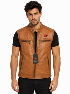 Modern <b>men</b> leather <b>vest</b> designed with durable stitching smooth lining useful pockets and relaxed fit for travel and daily wear - Product Image 1