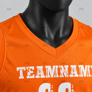 Ensemble de maillots de basket-ball athlétiques personnalisés en polyester 100% sublimé, dégradé orange et bleu, col en V, sans manches, évacuation de l'humidité, élastique - Product Image 6