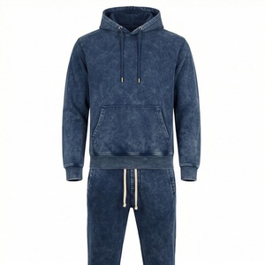 Customizable Oversized Acid Washed Cotton Tracksuits Men <b>Distressed</b> Embroidered Sweatpants Hoodie Set Winter Activewear - Product Image 1