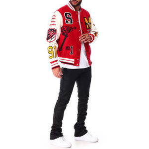 Blouson universitaire homme rouge et blanc avec patchs lettres, style décontracté, col rabattu, simple boutonnage, imperméable, idéal pour l'été - Product Image 2