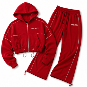 ONE APEX Red Full Zip <b>Hoodie</b> Tracksuit Women's Regular French Terry Cotton Wide Leg Sweat Set Contrast Piping Streetwear Quick - Product Image 6