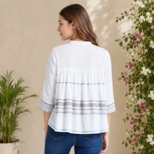 Blusa de Gasa Blanca para Mujer con Bordado Floral, Cuello en V, Manga con Volantes, Estilo Bohemio, Holgada, para Primavera/Verano - Product Image 5