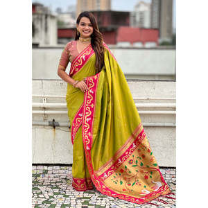 Sari de Seda Paithani Rajhans con Bordado Zari Verde Mehendi, Vestidos Elegantes de Noche - Product Image 6
