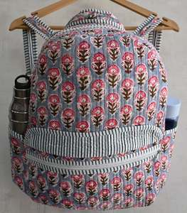 Handmade Block Printed Quilted Cotton <b>Backpack</b> Animal Prints Zipper Spacious Lightweight Durable Multi-Pocket School <b>College</b> - Product Image 2