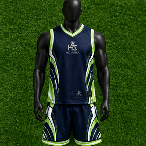Ensemble d'uniformes de basketball unisexe tendance bleu-vert, sublimé, col en V, sans manches, anti-humidité, coupe athlétique, logo personnalisé - Product Image 1