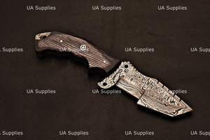 Cuchillo de Caza de Hoja Fija de Acero de Damasco Forjado a Mano de 10 Pulgadas con Punta Clip y Mango de Madera, Personalizable OEM, Grado Industrial - Product Image 6