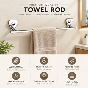 Premium Stainless Steel Bathroom Towel <b>Rod</b> | Wall Mounted Chrome Finish Bath Towel Bar Heavy Duty Single Rail Hanger for Home - Product Image 5