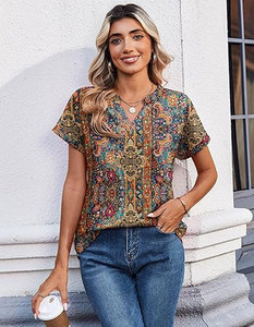 Top bohemio con cuello redondo y manga corta para mujer, estampado con diseño de animales/leopardo/logotipo liso, ropa informal de primavera y verano - Product Image 4