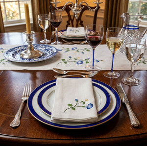 Serviette de table carrée en coton personnalisée, blanche, toutes tailles, brodée de fleurs violettes, pour dîner, lavable, pour la maison, vente en gros - Product Image 1