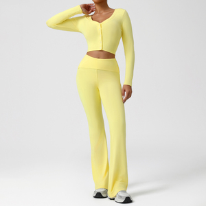 Conjunto de Yoga y Pilates para Mujer con Logotipo Personalizado OEM, Top Corto con Cuello en V, Leggings Ajustados con Cintura Plegable, 2 Piezas, Traje de Gimnasio, Ropa Deportiva - Product Image 1