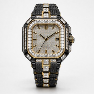 Reloj de lujo con diamantes para hombre, caja cuadrada de oro amarillo, correa de acero inoxidable, indicador de fecha analógico de cuarzo - Product Image 3