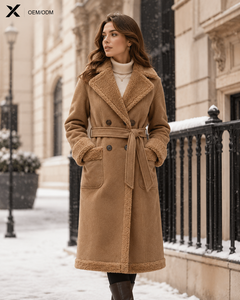 Women's Faux Shearling Woolen Mix <b>Long</b> Winter Trench <b>Coat</b> Belted Double Breasted Warm OEM ODM - Product Image 3
