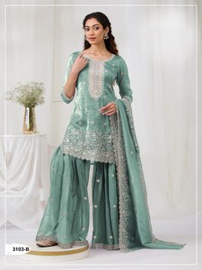 Ensemble Salwar en soie brodée vert marine pour femme avec dupatta, tenue traditionnelle indienne et pakistanaise pour mariage, coupe ample, longueur au sol - Product Image 1