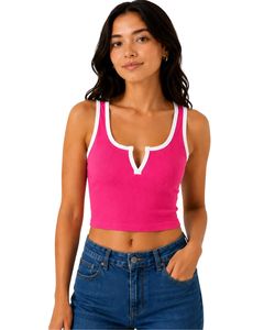Pink Women Ribbed Crop Tank Top White Trim Sleeveless V Neck Slim Fit Casual Summer Stretch Cotton Vest Fashion Ladies Tops - Product Image 1