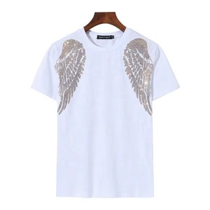 Camiseta Negra de Manga Corta con Cuello Redondo para Hombre, Corte Regular, Informal, Tejida, con Letras de Diamantes de Imitación en la Parte Delantera, Logotipo Personalizado - Product Image 5