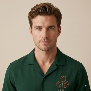 Men Green Cotton Poplin Full Sleeve <b>Shirt</b> With Hand Embroidery Floral Pattern Turn-down Collar Casual Spring Wear Breathable - Product Image 4