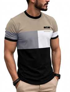 T-shirt décontracté pour homme ONETEN, col rond, manches courtes, tricoté, avec logo frontal, blocs de couleur, bordure contrastante, 100 % coton, légèrement extensible - Product Image 4