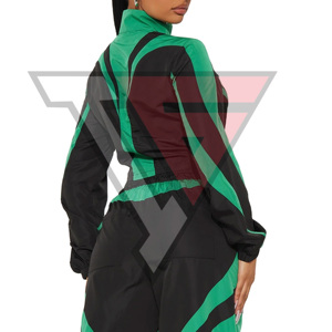 Ensemble deux pièces personnalisable OEM pour femme grande taille, coupe-vent d'automne imprimé, veste zippée et pantalon de survêtement en nylon uni avec fermeture éclair - Product Image 6