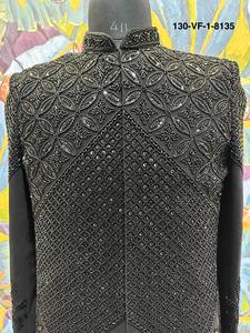 Costume traditionnel indo-occidental pour homme, brodé de micro-paillettes et de perles de verre à motifs géométriques, style Shadow, pour mariage, coupe ajustée, en tissu Dhaga ton sur ton - Product Image 5
