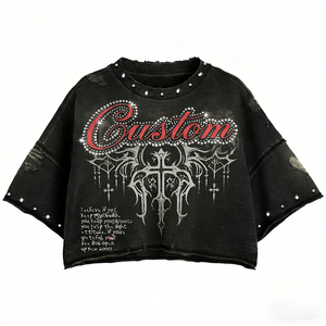 Camiseta Corta de Algodón 100% con Estampado Gráfico, Estilo Vintage Desgastado, Lavado Ácido, con Pedrería, para Hombre - Product Image 1