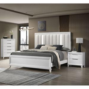 Solid Wood King-Size <b>Panel</b> Bed with LED Lights and White Finish <b>Headboard</b> Upholstered Cushion Furniture - Product Image 5