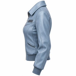Blouson Bomber en Cuir Véritable Bleu Ardoise pour Femme, Col Étendu, Bordure Côtelée, Fermeture Éclair, Vêtement d'Extérieur Décontracté pour Femme, Fabricant - Product Image 4