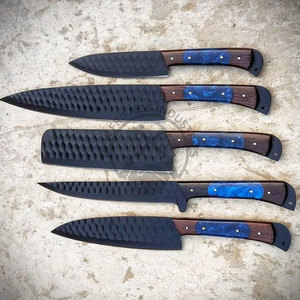 New Design Custom Handmade <b>Sharp</b> Chef <b>Knives</b> J2 Steel Powder Coated Hammered Blade 5-Piece Kitchen <b>Knife</b> <b>Set</b> W/Resinwood Handle - Product Image 5