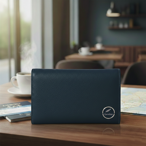 ClaraHan Cartera de viaje delgada de cuero azul marino para pasaporte y monedero multimoneda - Product Image 1