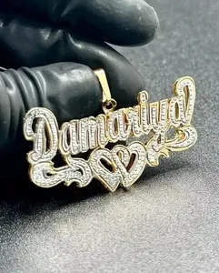 Pendentif personnalisé en moissanite, pendentif personnalisé plaqué or, bijoux hip-hop, double cœur, pendentif lettre personnalisée, cadeau - Product Image 2