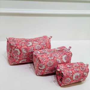 Juego de 3 Bolsas de Maquillaje de Algodón Estampado a Mano, Ecológicas, Color Rosa, Acolchadas, Estilo Indio, con Cierre, para Viaje - Product Image 3