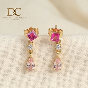 Boucles d'oreilles en or massif 14 carats, diamant de laboratoire certifié IGI, tourmaline rose et saphir Padparadscha, pour femme, bijoux sur mesure - Product Image 4