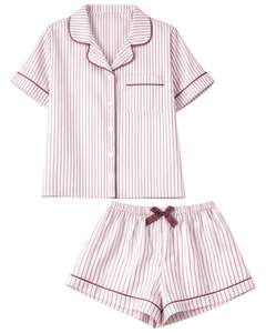 Conjunto de pijama para mujer a rayas blancas y marrones, de manga corta, con botones, estilo satén, dos piezas, para dormir o estar en casa. - Product Image 1