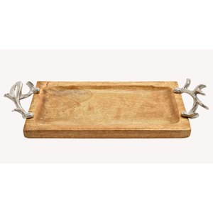 Plateau de service en bois d'acacia de luxe avec poignées en bois de cerf argentées, planche décorative et plateau à fromage pour la restauration fine et la décoration intérieure - Product Image 3
