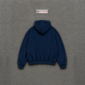 Sweat à capuche bleu marine délavé de qualité supérieure, de luxe, coupe oversize, style urbain déchiré, mode streetwear, coupe décontractée, en coton doux et épais, classique - Product Image 6