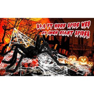 Decoraciones de Halloween, 295 Telarañas Artificiales para Exteriores y Araña Gigante de 59 Pulgadas, Telaraña Triangular Enorme, Decoraciones para Fiestas de Halloween - Product Image 1