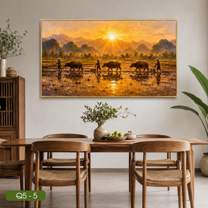 ภาพวาดสีน้ำมันแฮนด์เมดแนวธรรมชาติจากเวียดนาม รูปแบบนาข้าว พร้อมกรอบพิมพ์บนผ้าใบ บริการ OEM ODM สำหรับตกแต่งภายใน รุ่น Q5-5 - Product Image 3