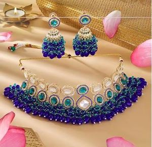 Antique Gold Plated Blue Zircon Tassel Necklace & Earring Set Women's Traditional Indian Wedding Jewelry Alloy Channel Setting - Product Image 1