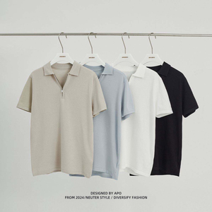 Men's Beige Short Sleeve Oxford Polo Shirt Zipper Casual Regular Fit Solid Color Woven Fabric - Product Image 2